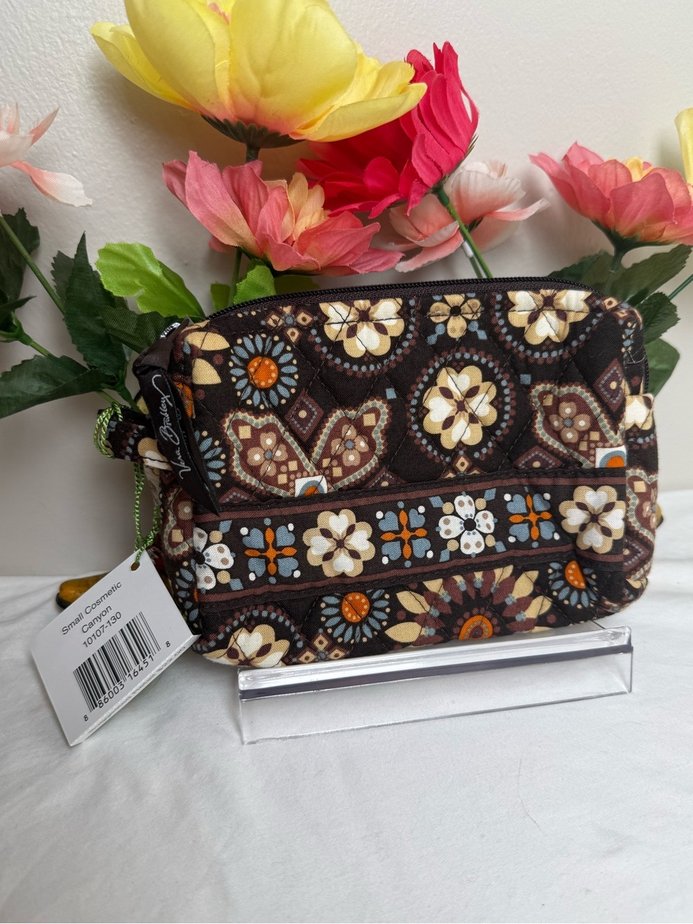 NWT Vera Bradley Canyon Small Cosmetic Bag Brown and Orange Floral Cosmetic